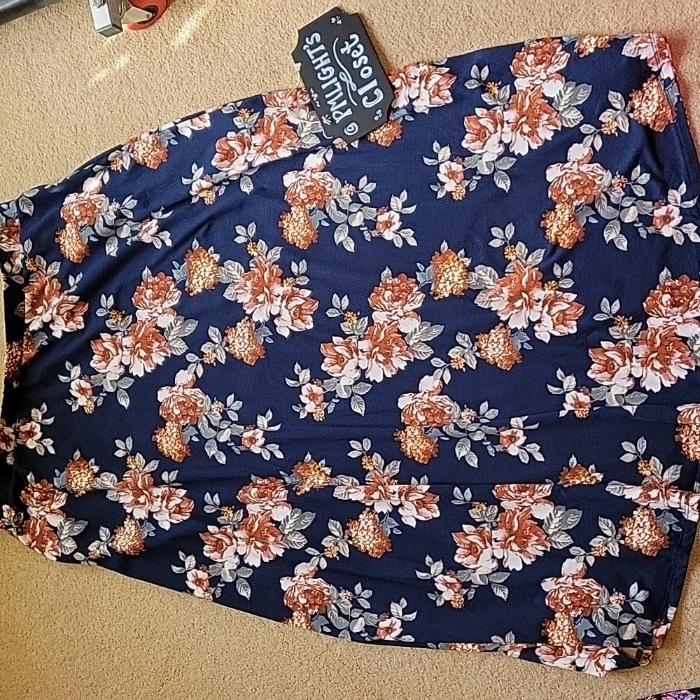 French Grey Floral Skirt XL Navy Green White Brown Dark Red